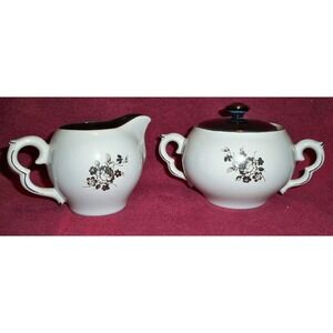 Cream Sugar Set w/Lid White Black inside scalloped handles platinum trim flowers
